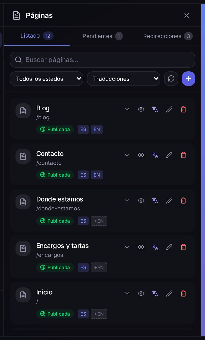 El listado de páginas de un proyecto de ejemplo. Arriba, tres pestañas: Listado, Pendientes y Redirecciones. Debajo, un buscador y dos filtros (estado y traducciones). Cada tarjeta lleva su título, su dirección, si está publicada o en borrador, en qué idiomas existe, y cinco botones: ver traducciones, ver el sitio, traducir, editar los datos y borrar.