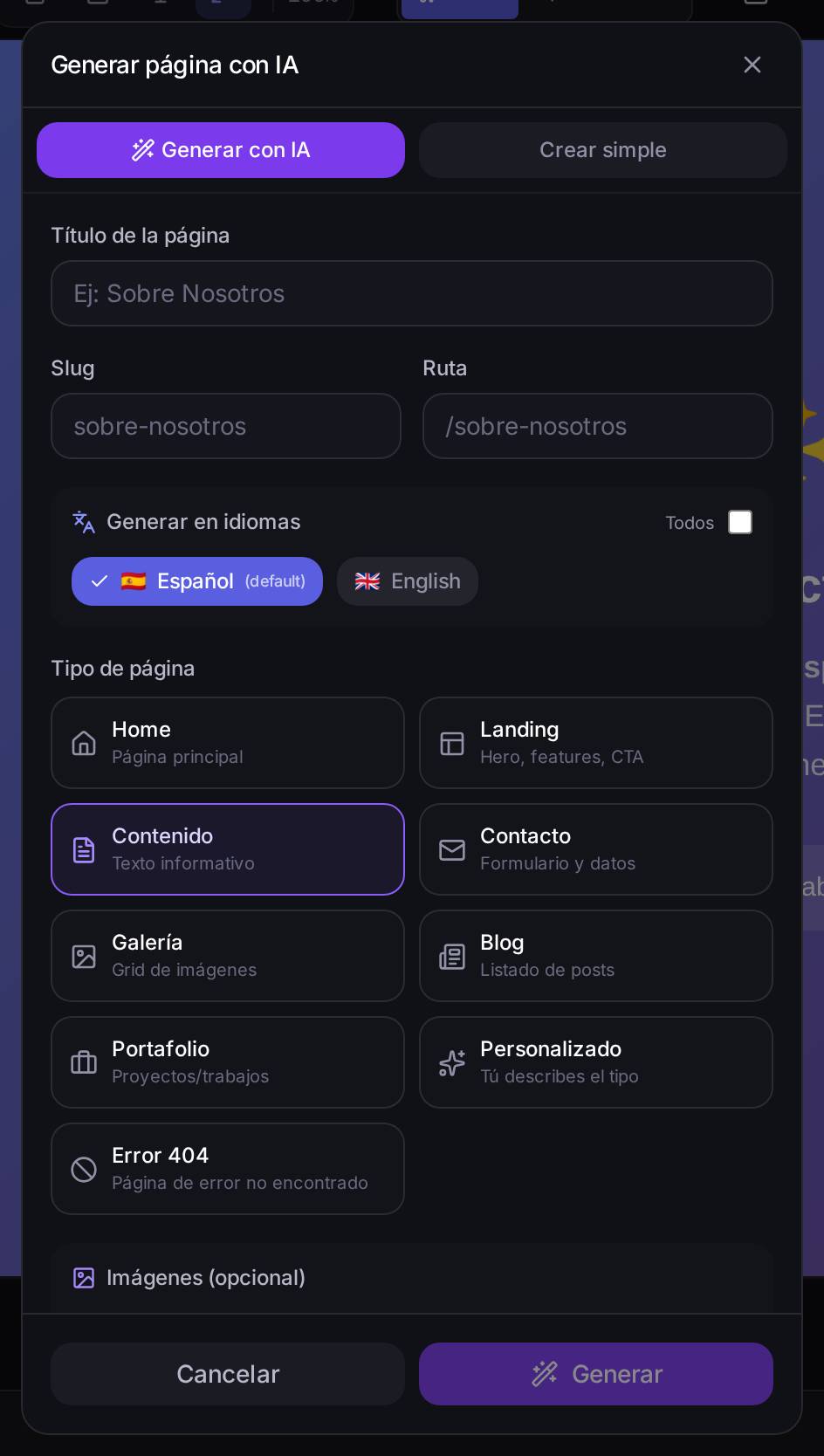 El diálogo de crear página, con **Generar con IA** seleccionado. Título, dirección (slug y ruta, que se rellenan solas mientras escribes el título) y en qué idiomas generarla. Debajo, el tipo de página: Home, Landing, Contenido, Contacto, Galería, Blog, Portafolio, Personalizado o Error 404 — cada uno le dice a la IA qué bloques usar. Al final, un hueco opcional para subir imágenes de referencia.