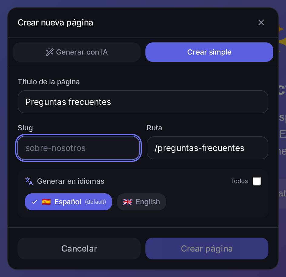 Si borras la dirección a mano, **Crear página** se apaga: no se puede crear una página sin decirle a qué dirección va.