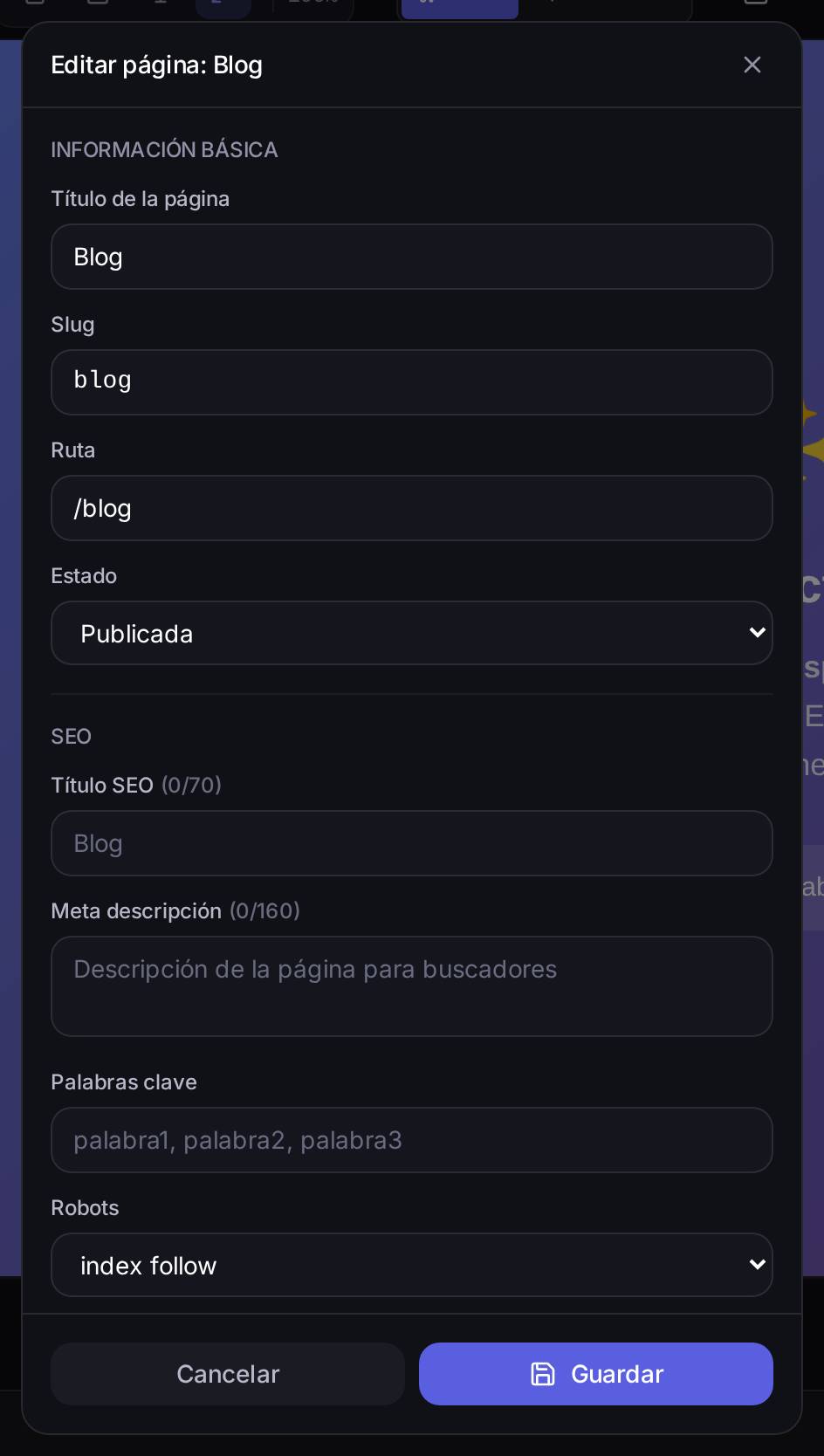 La ficha de datos de la página «Blog»: título, slug, ruta y estado arriba; título SEO, meta descripción, palabras clave y la directiva `robots` (qué le dice a los buscadores si deben indexar la página y seguir sus enlaces) debajo.
