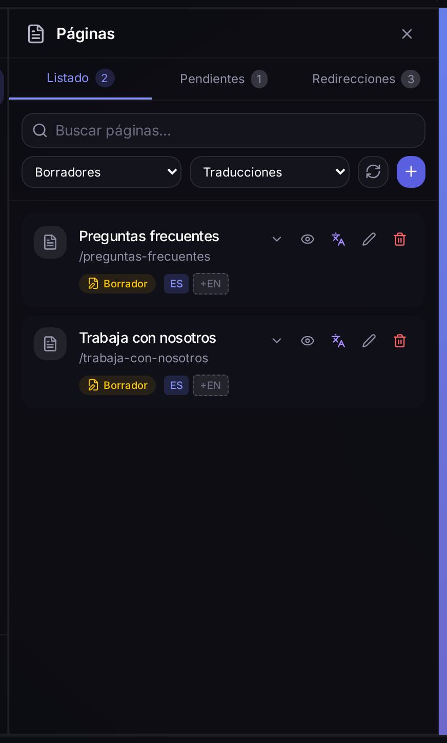 El listado filtrado a solo borradores: aquí «Preguntas frecuentes» y «Trabaja con nosotros», ambas sin publicar todavía.