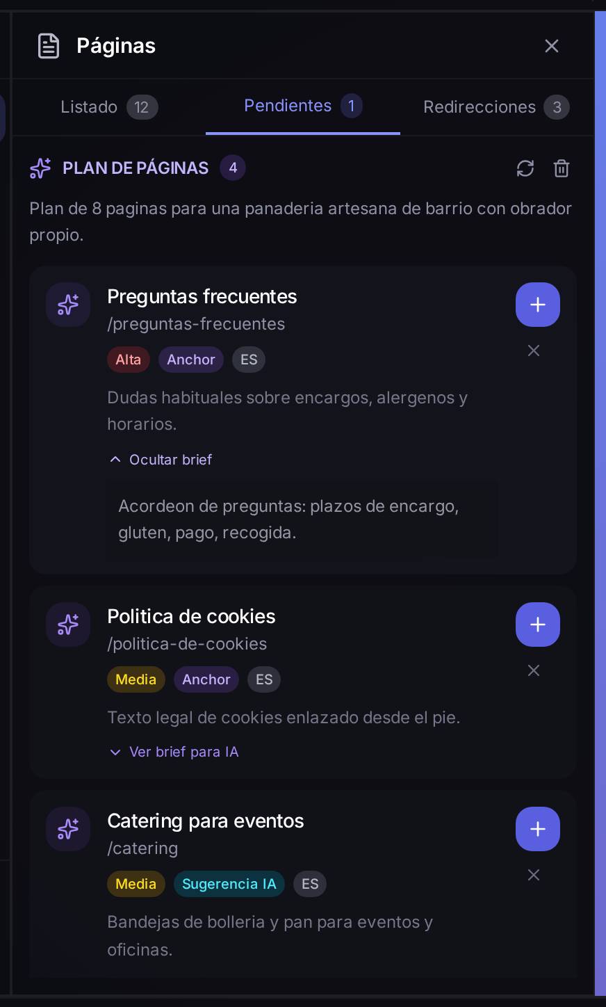 El plan con su resumen («Plan de 8 páginas para una panadería artesana de barrio con obrador propio») y tres tarjetas con su brief desplegado: motivo, descripción y qué debería contener cada una.