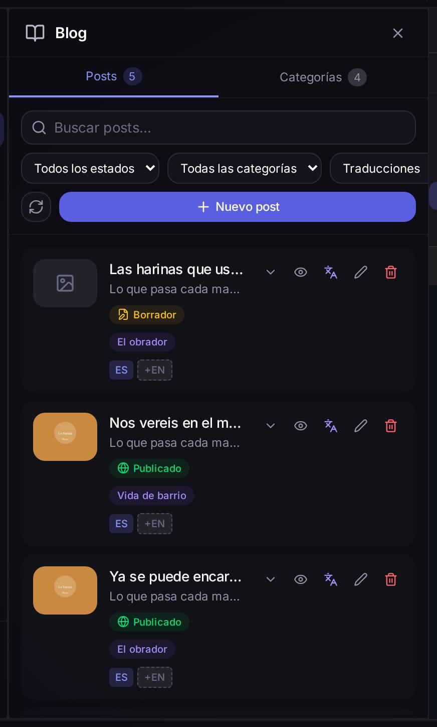 El listado de entradas de un blog de ejemplo: la primera en Borrador (con su categoría, «El obrador», y sus idiomas), las otras dos ya Publicadas.