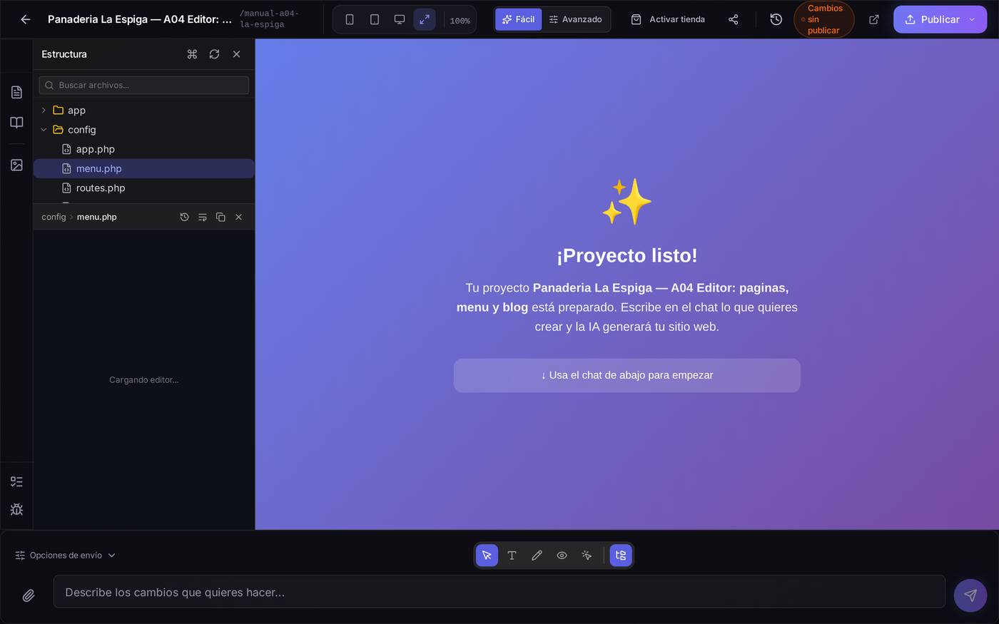 El panel de Estructura de código abierto sobre el proyecto de ejemplo. A la izquierda, el árbol de carpetas (`app`, `config`…) con `config` desplegada y `menu.php` ya seleccionado; debajo, el contenido de ese fichero, todavía cargando. Abajo del todo, el cuadro de chat con la fila de iconos de modos de edición — el último, resaltado en azul, es el que abre este panel.