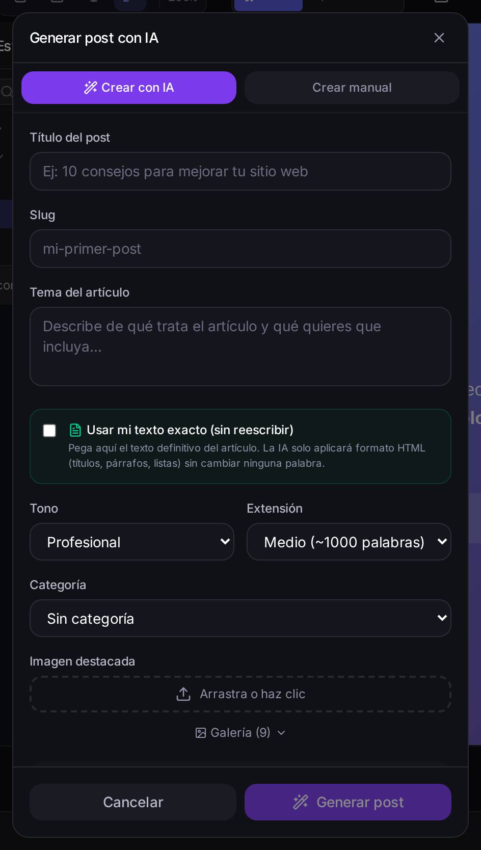 El diálogo de generar un post: título, slug, de qué trata, tono (Profesional, en este ejemplo) y extensión aproximada (aquí, Medio, ~1000 palabras), categoría e imagen destacada.
