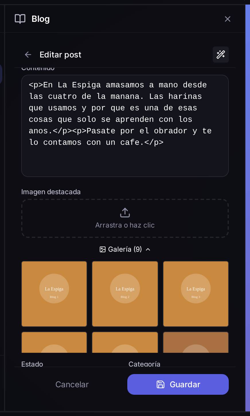 El selector de imagen destacada con la galería del proyecto desplegada: nueve imágenes ya subidas para elegir sin salir del editor de la entrada.