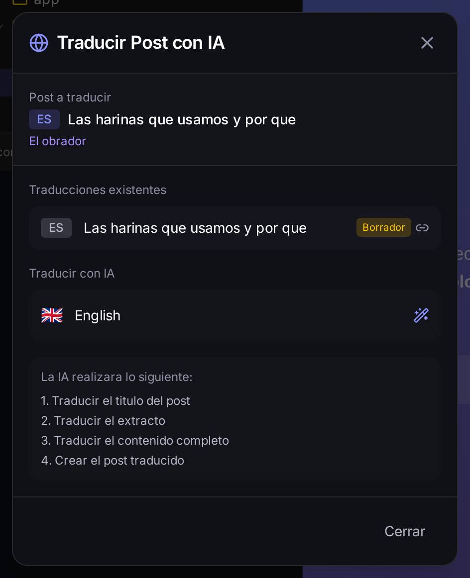 El diálogo de traducir un post con IA: qué traducciones existen ya (aquí, solo la versión en español, en Borrador) y a qué idioma traducir — English, en este ejemplo.
