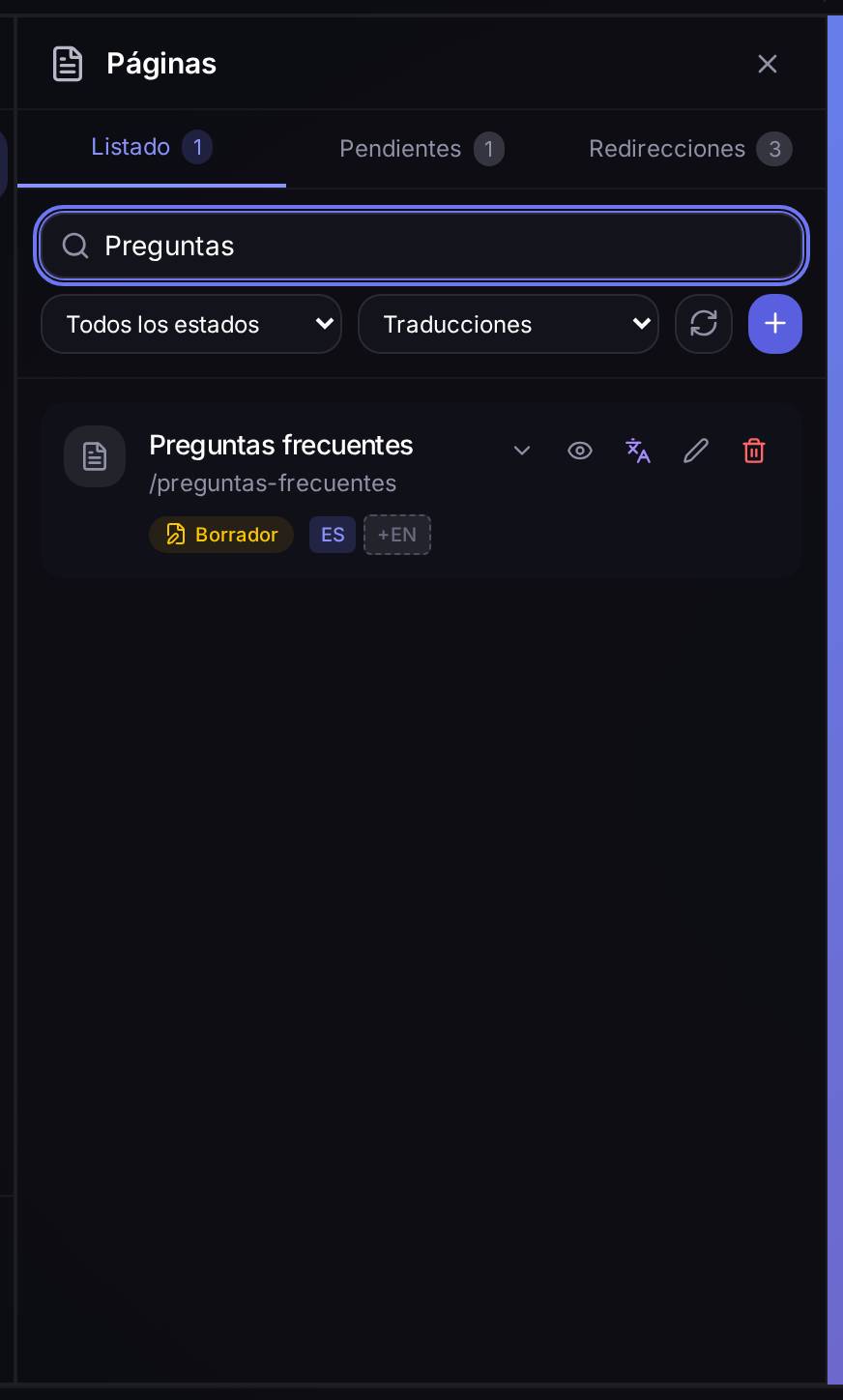 «Preguntas frecuentes» ya en el listado de páginas, en borrador, lista para escribir su contenido o publicarla.