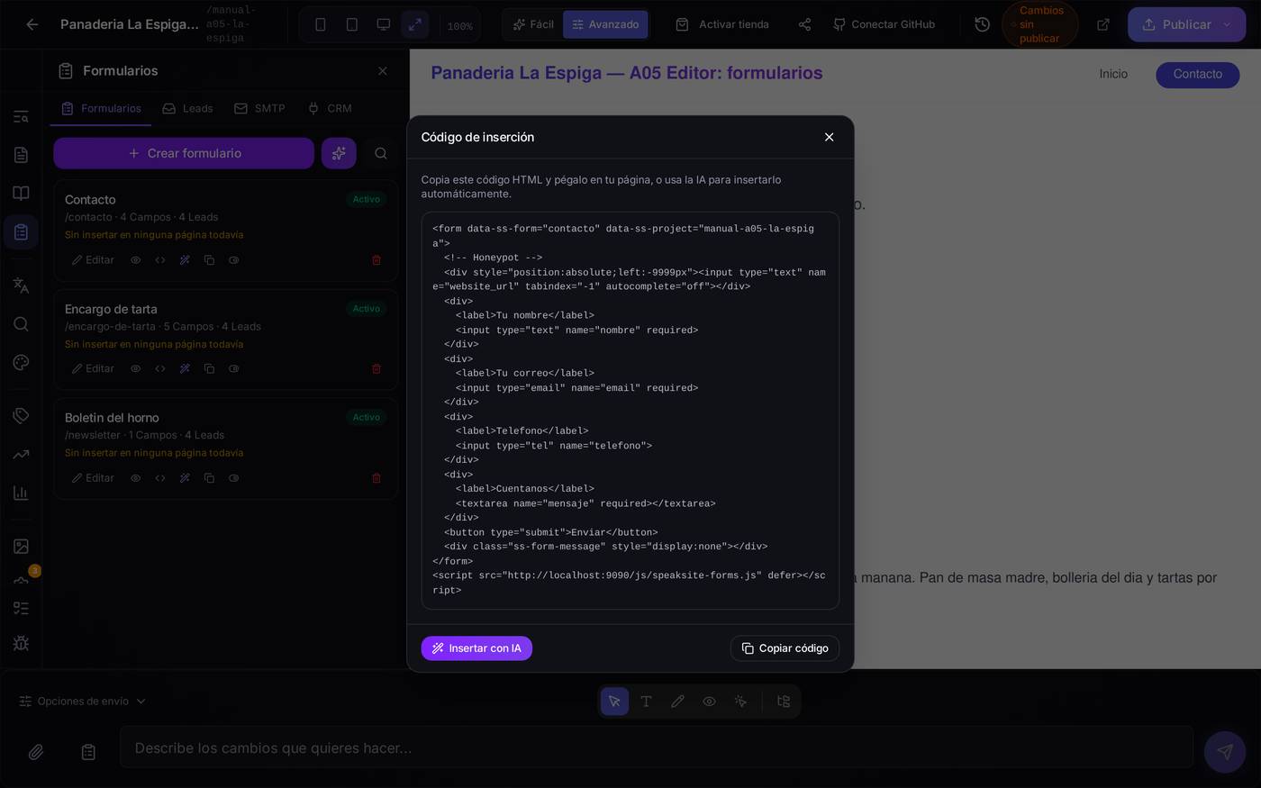 El código de inserción, listo para copiar y pegar en cualquier web. Los mensajes siguen llegando a tu panel de Speaksite.