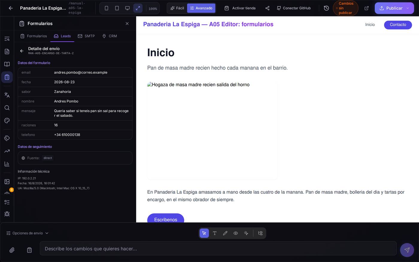 El detalle de un mensaje. Arriba las respuestas del visitante; debajo, de dónde vino y con qué dispositivo te escribió.