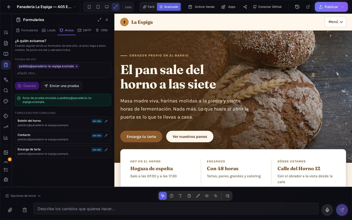 La pestaña Avisos con dos correos del sitio guardados. Debajo, formulario por formulario, a qué dirección llega cada uno y de dónde sale esa dirección.
