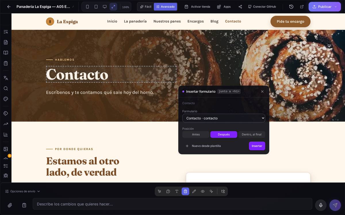El panel de insertar sobre un elemento de la página: qué formulario, en qué posición, y el botón de crear uno nuevo desde plantilla.