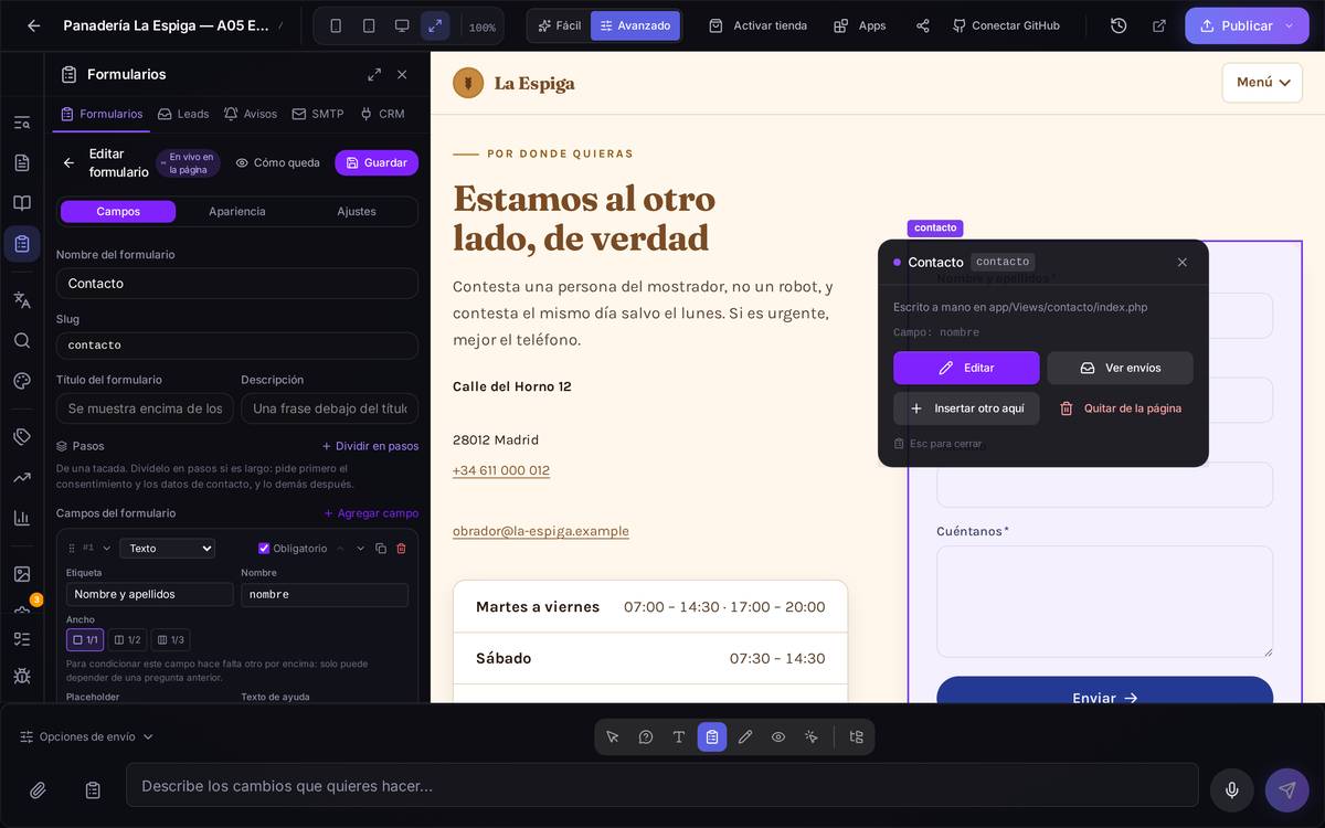 La ficha abierta en vivo: la etiqueta cambiada en el panel ya se lee cambiada en el formulario de la página, antes de guardar.