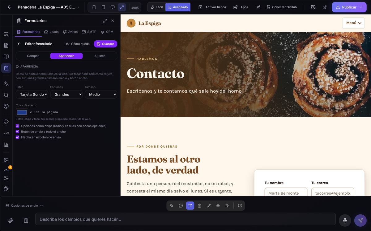 La pestaña Apariencia: tema, radio, tamaño, chips, botón y color de acento.
