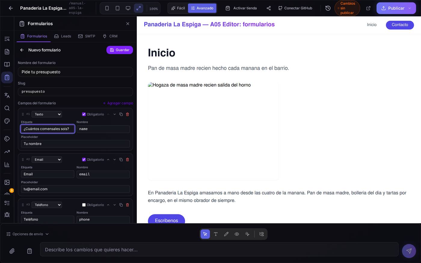 El mismo formulario a medio hacer: ya tiene nombre («Pide tu presupuesto»), dirección («presupuesto») y la primera pregunta escrita. Hasta que no pulses «Guardar», nada de esto se ha guardado.