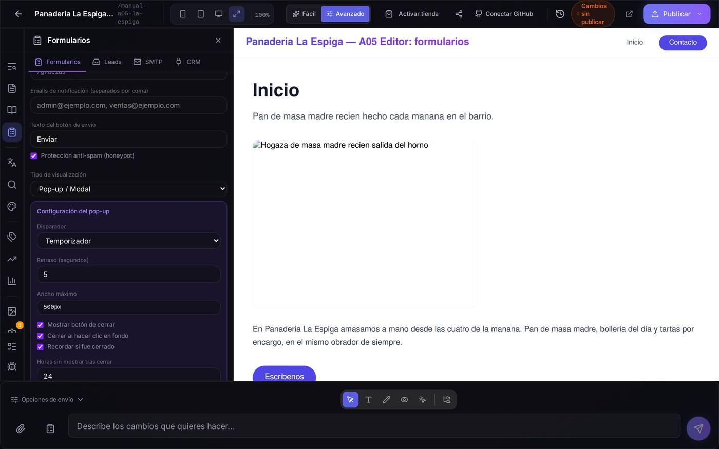 Con «Pop-up / Modal» aparecen las opciones de la ventana emergente: cuándo salta, cuánto tarda y cuántas horas se queda callada si el visitante la cierra.