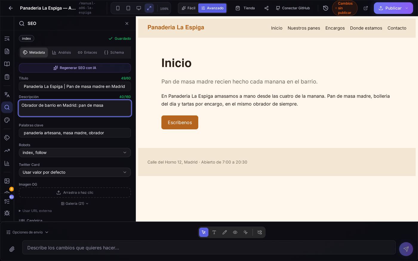 Mientras escribes la descripción, el contador se queda en naranja o rojo hasta que llegas a una longitud recomendada — no es un error, es un aviso de que aún es corta.