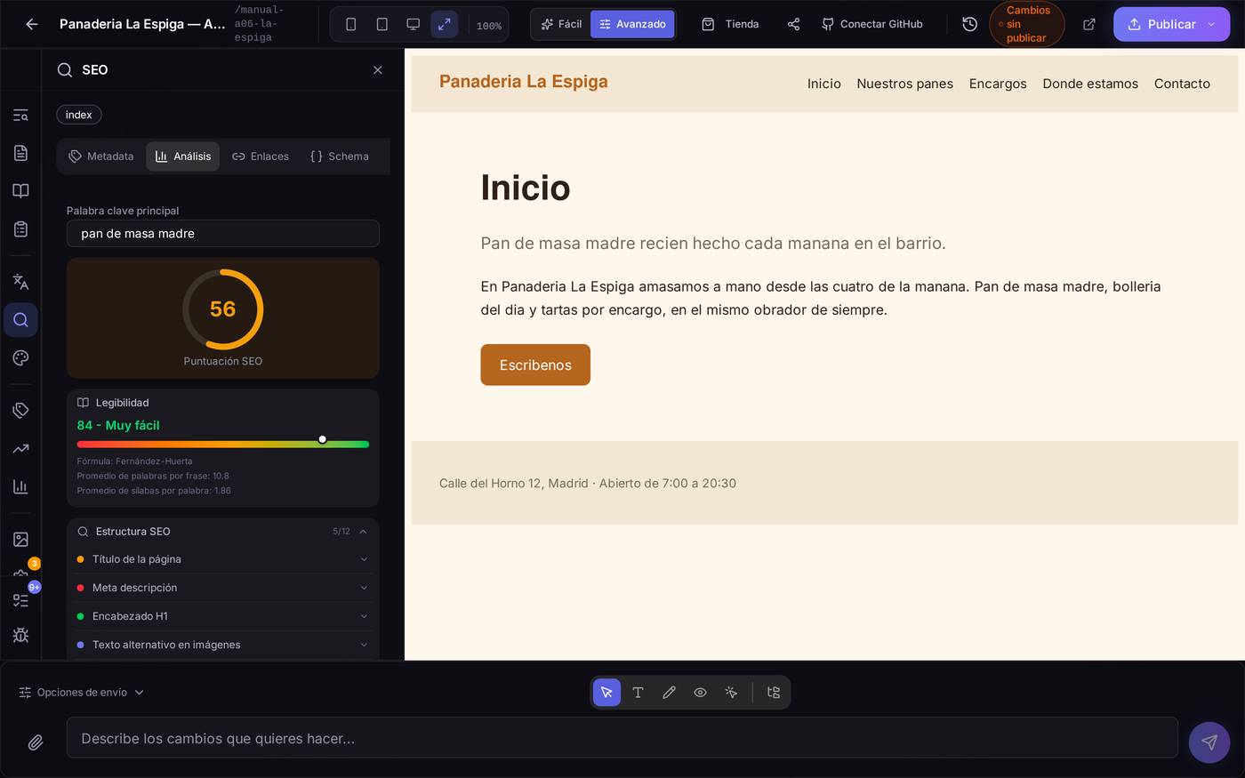 La pestaña Análisis con la puntuación SEO, la legibilidad y la lista de comprobaciones de estructura.