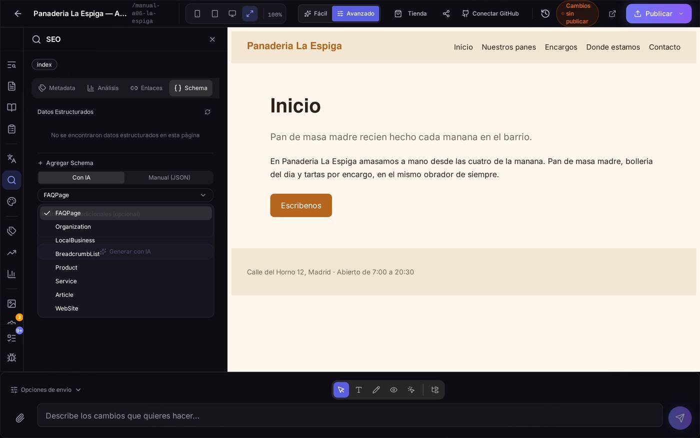 El desplegable con los tipos de ficha disponibles — para un negocio como una panadería, LocalBusiness es normalmente el más útil.