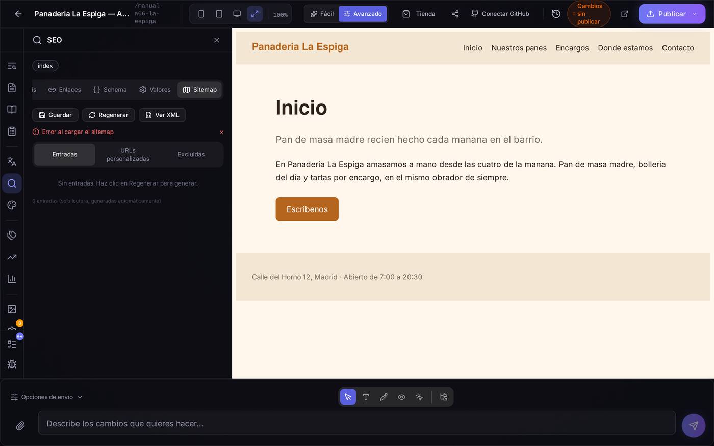 La pestaña Sitemap. En el momento de esta captura mostraba el aviso 