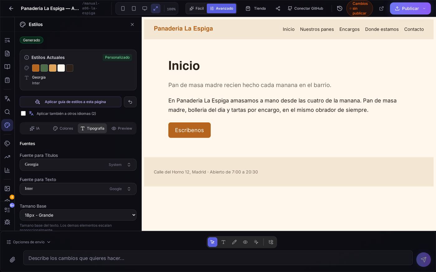La pestaña Tipografía con Georgia para los títulos e Inter para el texto.