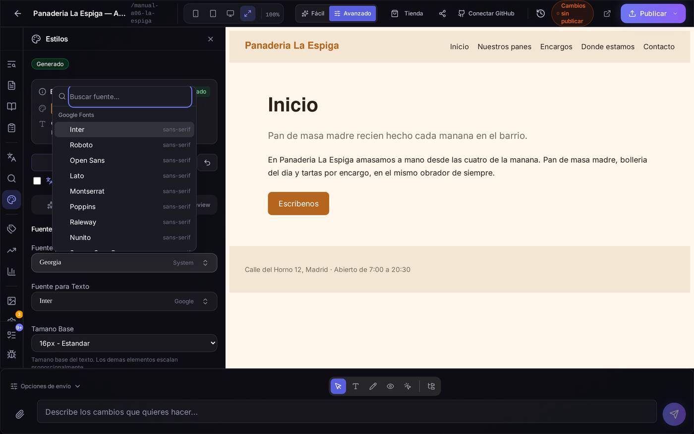 El catálogo de fuentes de Google desplegado, con buscador — así cambias la letra de los títulos o del texto sin salir de esta pantalla.