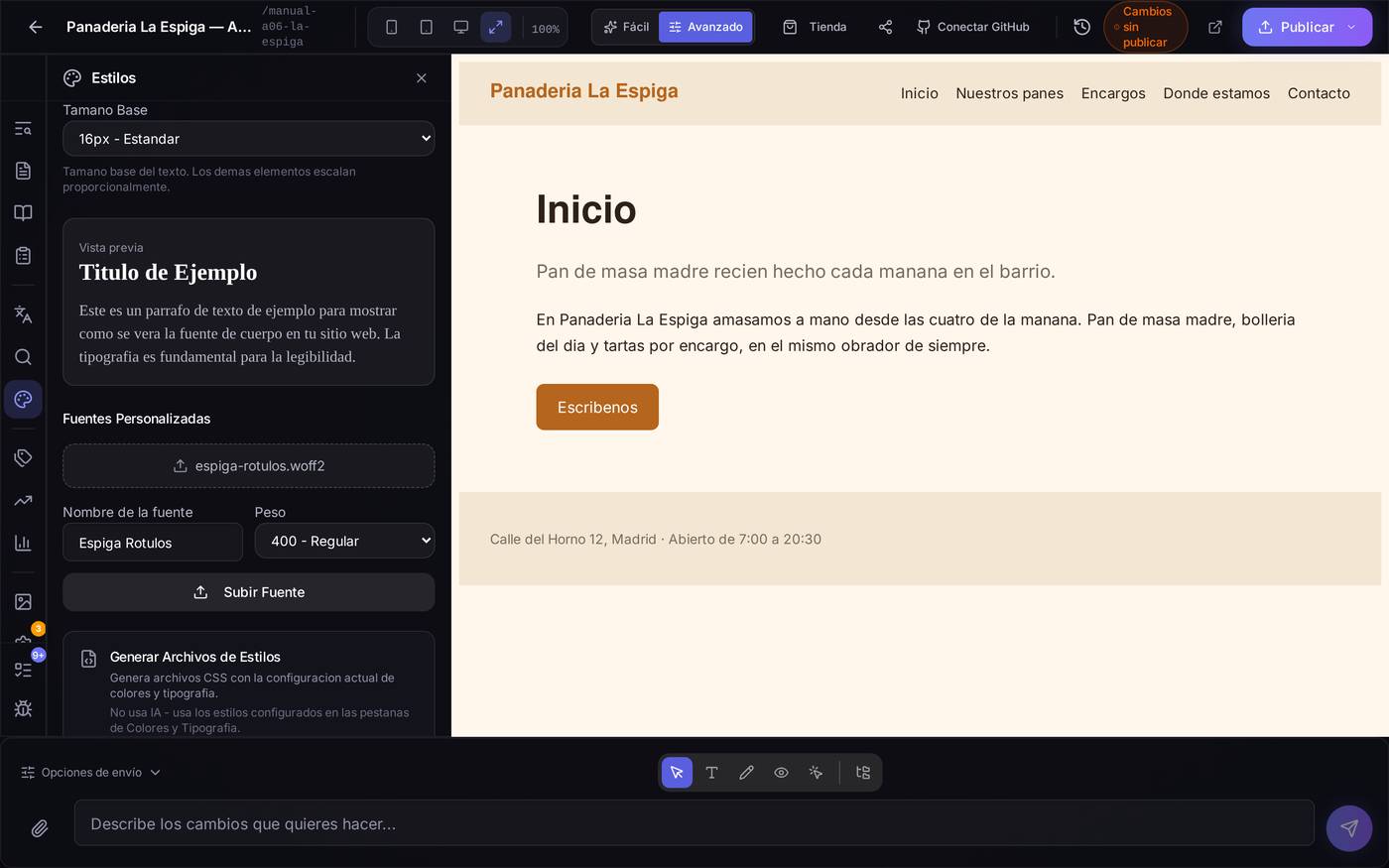 La misma pestaña de Tipografía con el tamaño base en su valor por defecto (16px) y la vista previa del título y el párrafo de ejemplo debajo.