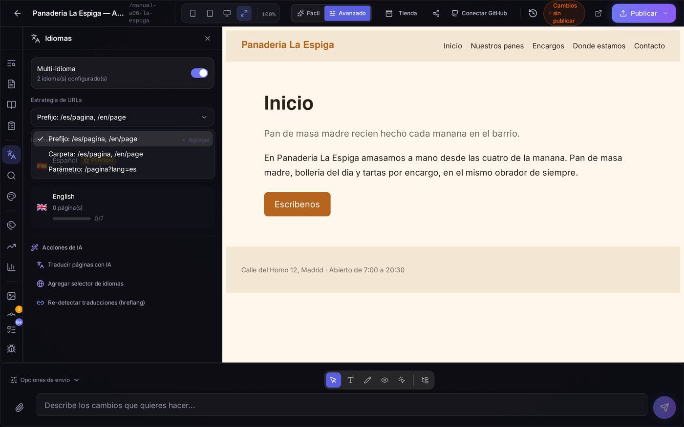 Las tres formas de repartir los idiomas en la dirección de tu web: por prefijo (/es/pagina, /en/page), por carpeta, o por parámetro (?lang=es) en la misma dirección.