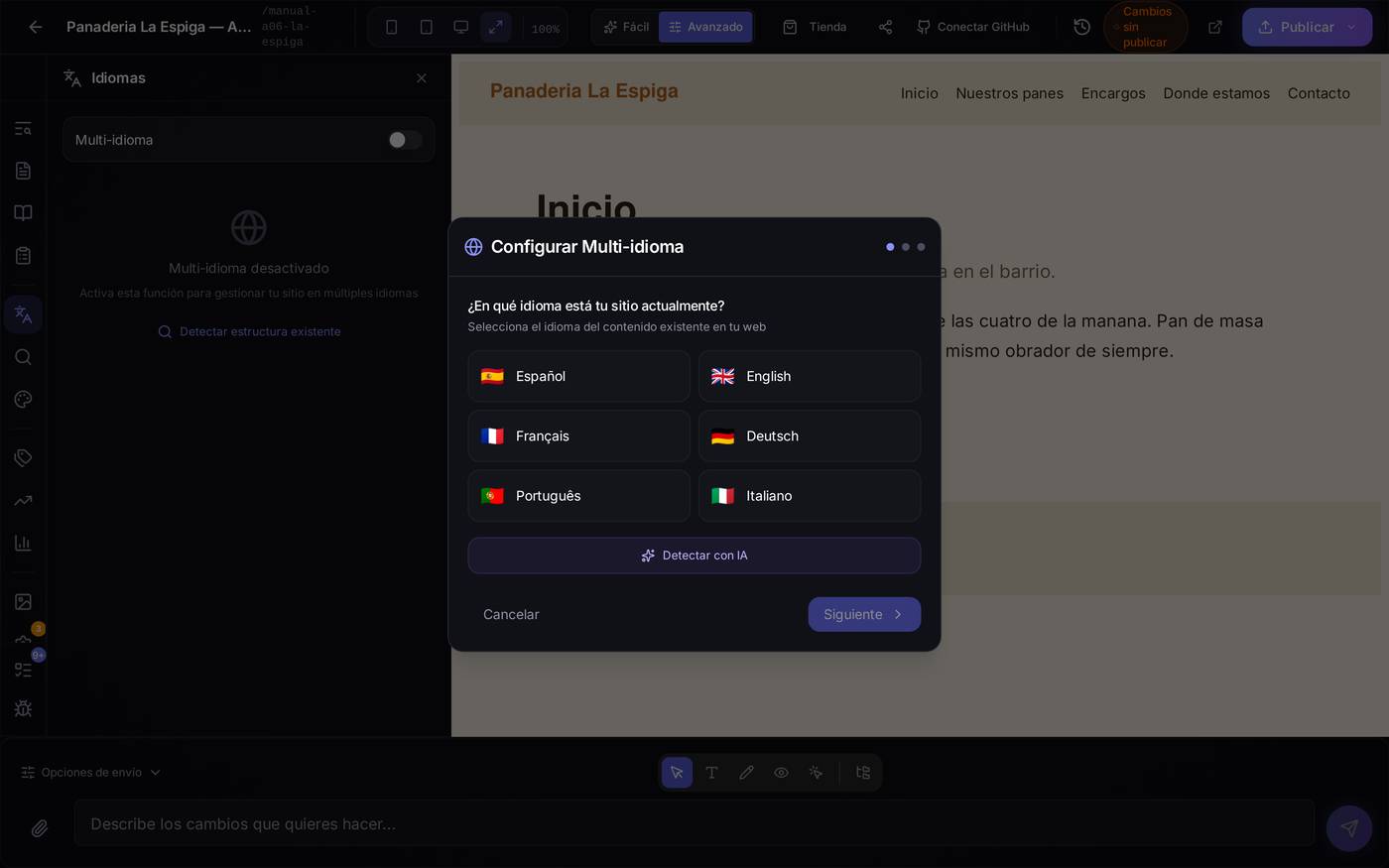 Paso 1 de 3 — en qué idioma está tu web hoy. Puedes elegirlo a mano de la lista o dejar que la IA lo detecte con el botón Detectar con IA.