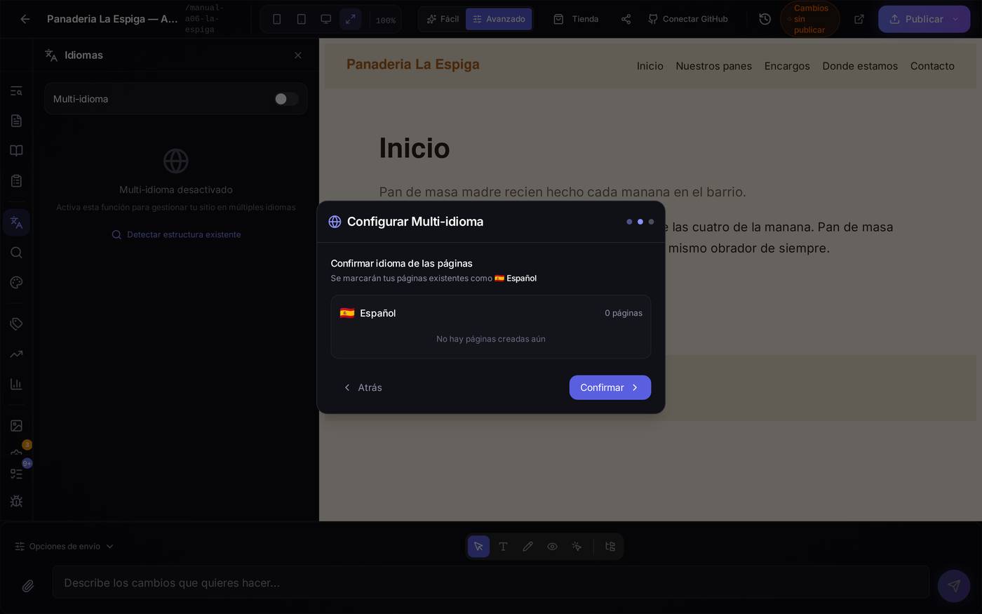 Paso 2 de 3 — confirmar qué páginas se van a marcar con ese idioma de partida (aquí, 0 páginas porque el proyecto de ejemplo todavía no tenía ninguna creada en ese momento).