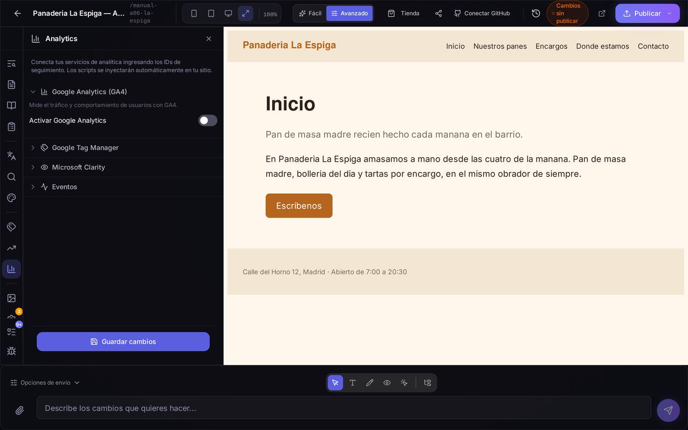 El panel de Analítica recién abierto: los tres servicios de medición apagados y a la espera de que actives el que necesites.