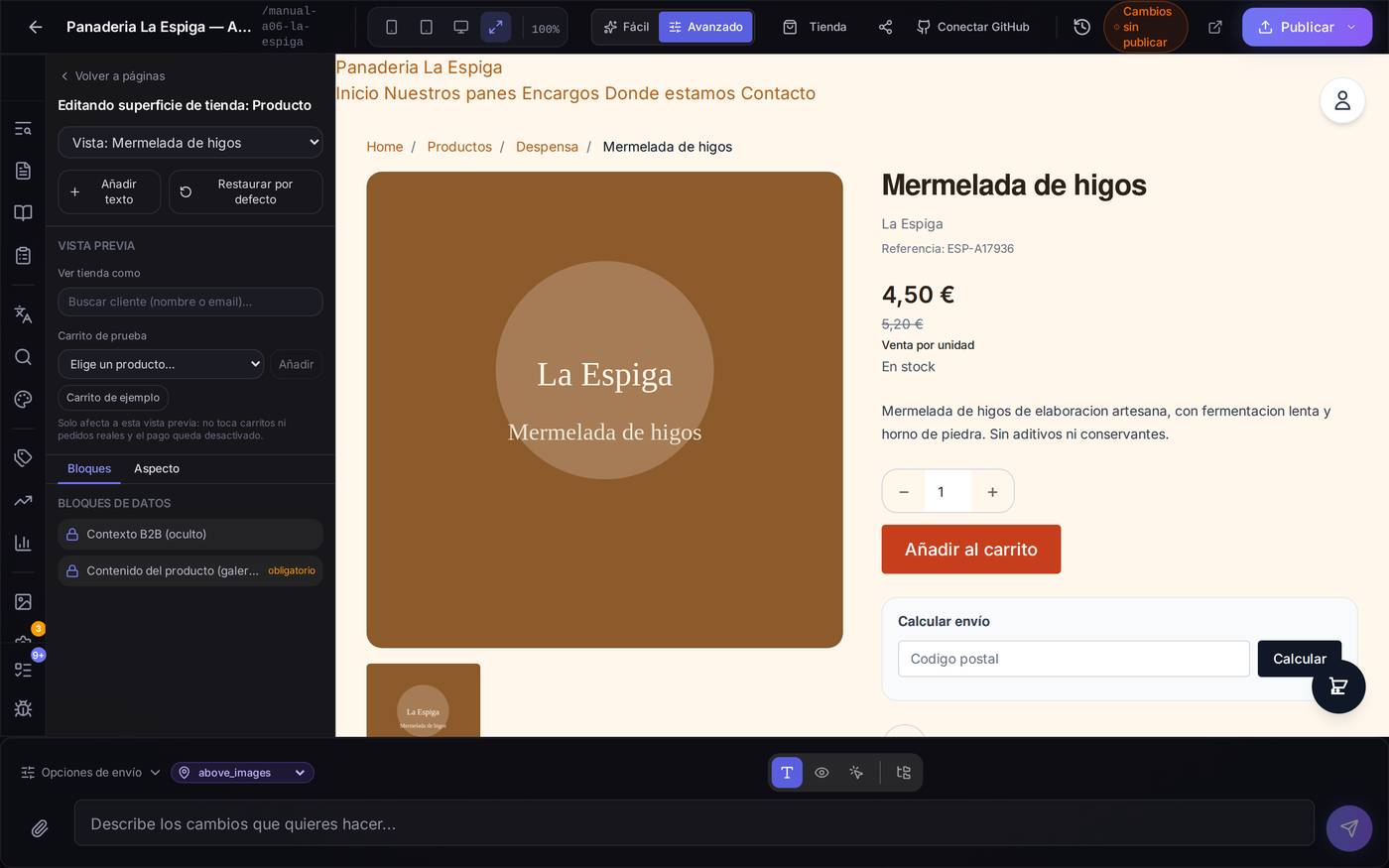 La misma herramienta, ahora editando la ficha de un producto en vez de una categoría — cambia el 