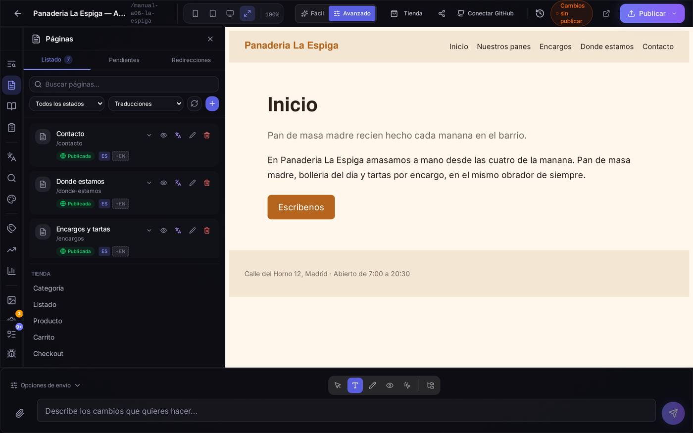 La lista de Páginas con el bloque TIENDA debajo, mostrando las cinco superficies de la tienda que se pueden diseñar.