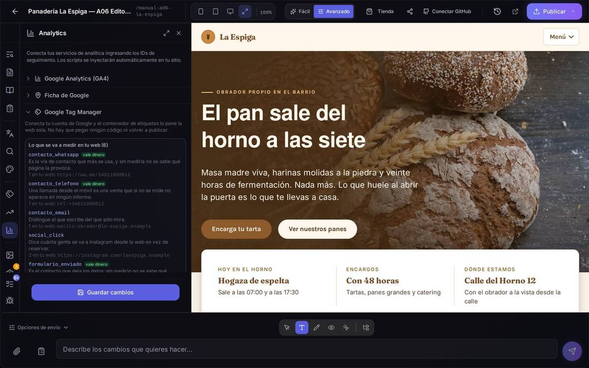 El contenedor de Google Tag Manager ya conectado por cuenta propia, con lo que la IA propone medir en esta web y el botón para etiquetar y publicar de una vez.