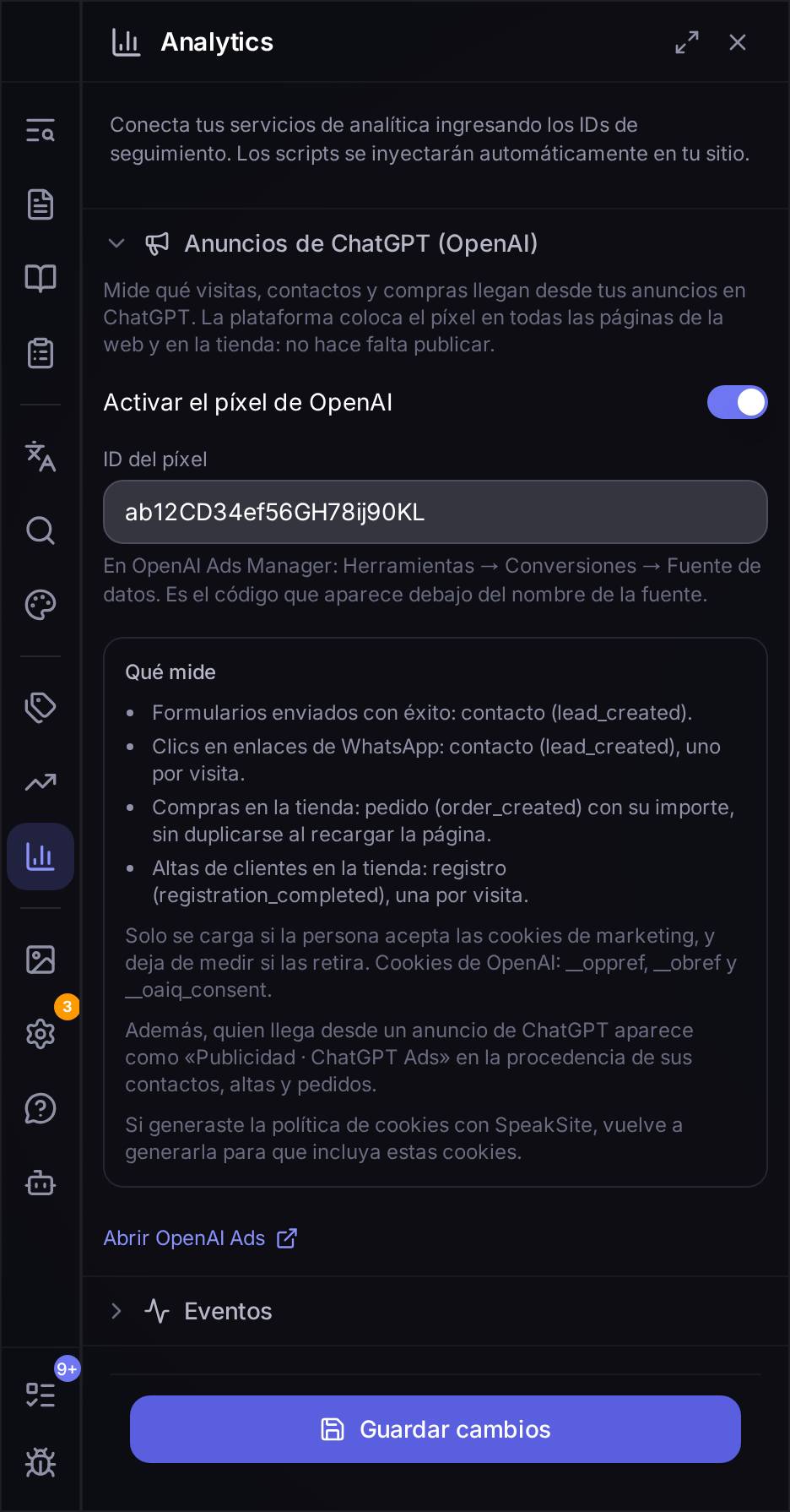 El bloque Anuncios de ChatGPT (OpenAI) con el píxel activado y el ID pegado: debajo del campo, dónde encontrarlo en Ads Manager; en el recuadro, qué mide y cuándo se carga.
