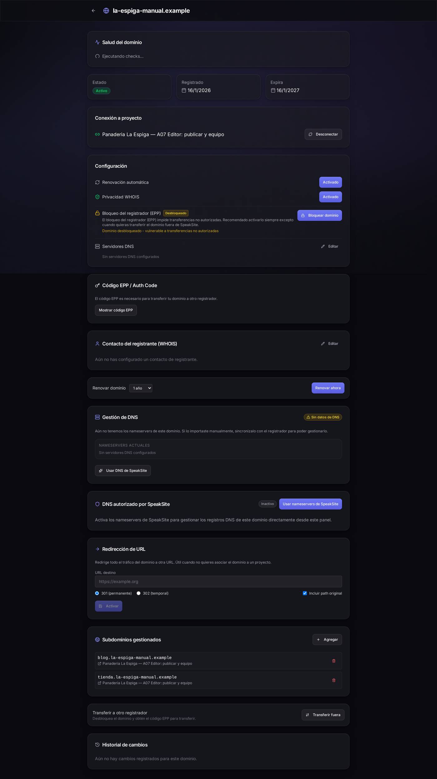 La ficha completa de un dominio, de arriba abajo: salud, estado, proyecto conectado, configuración, código EPP, titular, renovación, DNS, redirección, subdominios y transferencia.