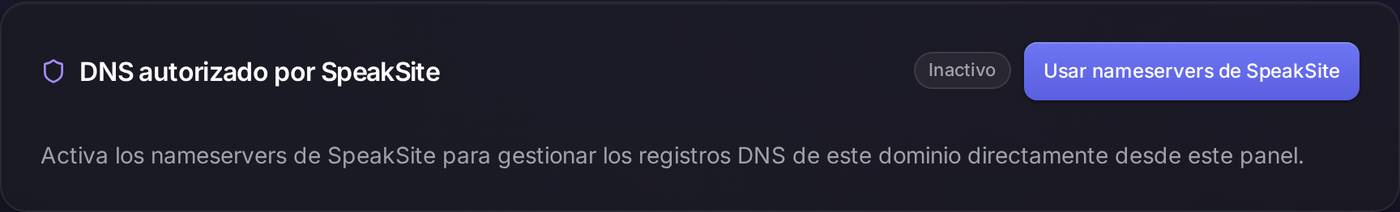 Con un botón, el dominio pasa a que la agenda la lleve Speaksite. «Inactivo» significa que hoy la lleva otro.
