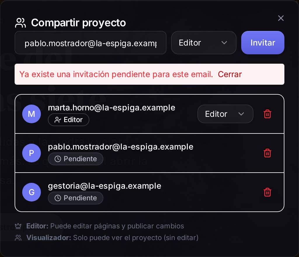 Si esa persona ya tiene una invitación pendiente, Speaksite no manda otra y te lo dice en rojo. No es un fallo: es que ya está invitada y aún no ha aceptado.