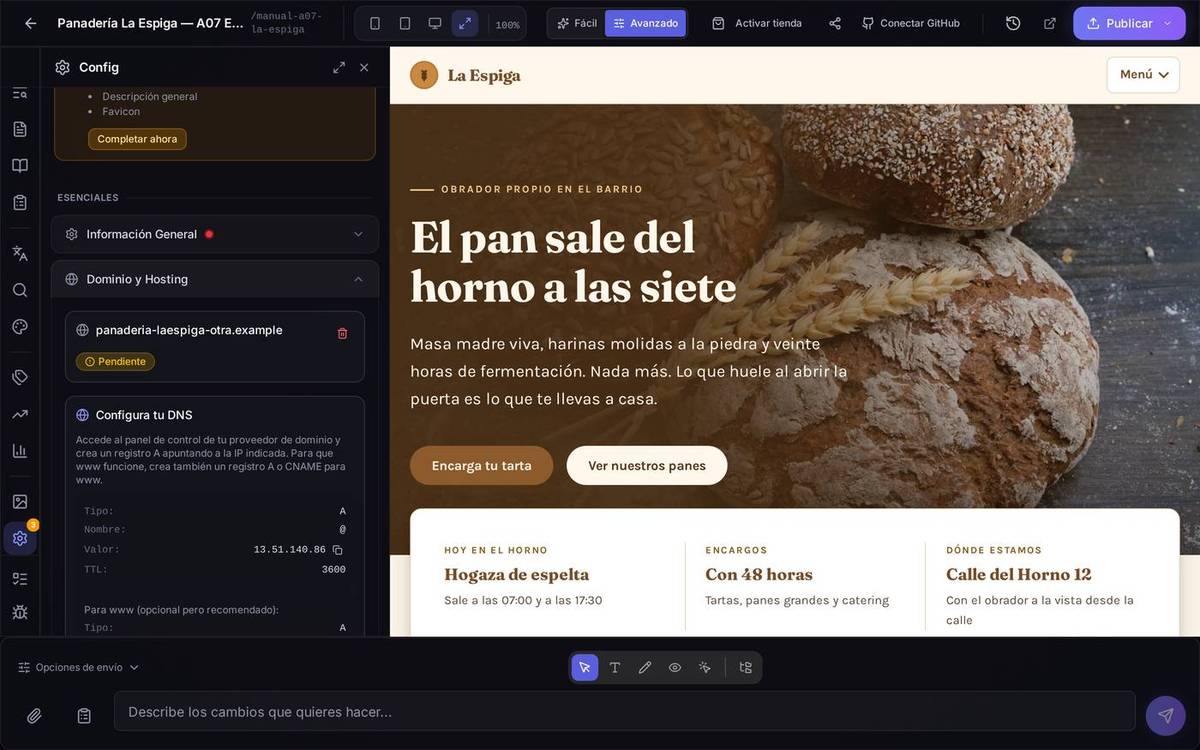 Nada más declarar el dominio: la insignia amarilla «Pendiente» y, debajo, el registro exacto que hay que llevarse al panel del registrador. El botón «Verificar configuración DNS» comprueba si ya ha llegado.