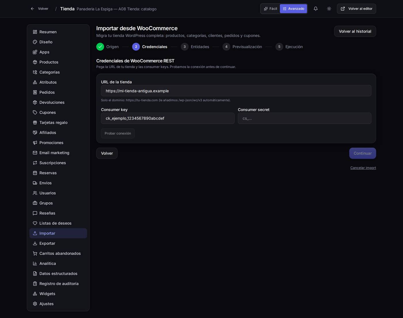 Las claves de conexión. Se generan dentro de WooCommerce, en WooCommerce → Ajustes → Avanzado → API REST, con permisos de lectura.