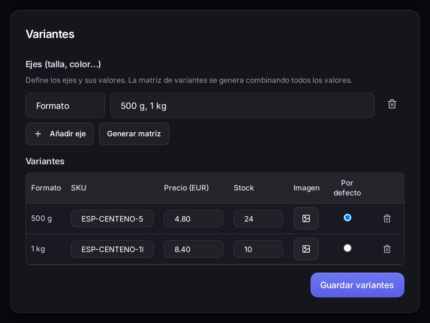 Un eje llamado «Formato» con dos valores genera dos variantes. Cada una lleva su referencia, su precio y su stock; el punto azul marca la que el cliente ve al entrar.