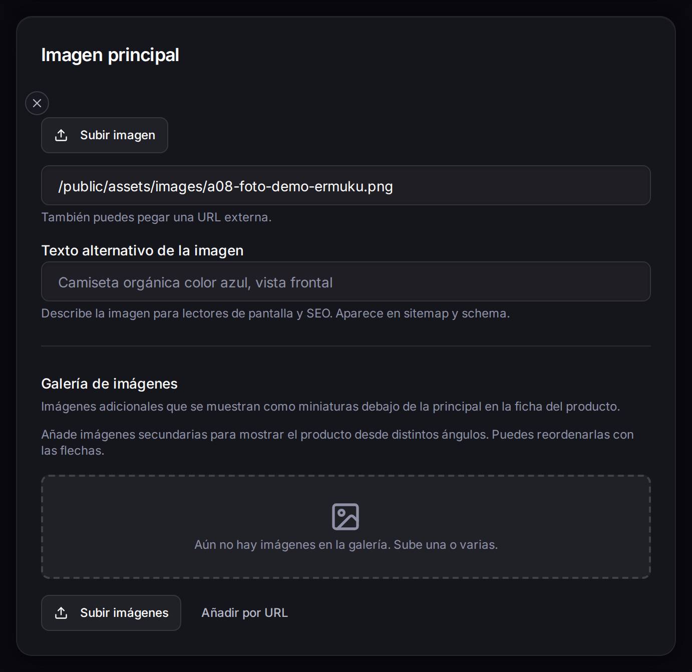 El apartado de la foto, con la imagen ya subida y su dirección puesta abajo. En el momento de escribir este manual, la vista previa de la foto sale en blanco aunque la foto esté bien subida: para comprobarla, vuelve a la lista de productos y mírala en la miniatura de la fila.