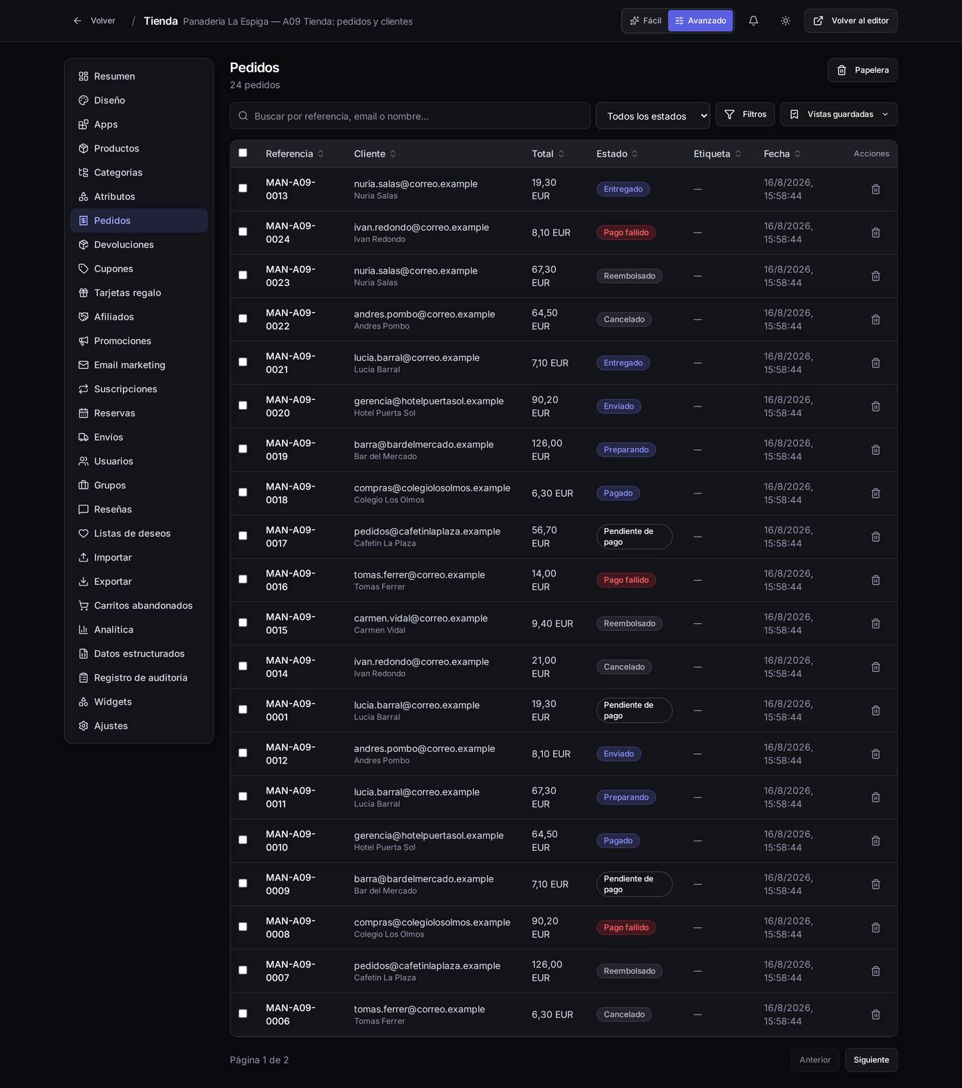 La lista de pedidos, con el filtro de estados desplegado en la parte de arriba y una fila por pedido.