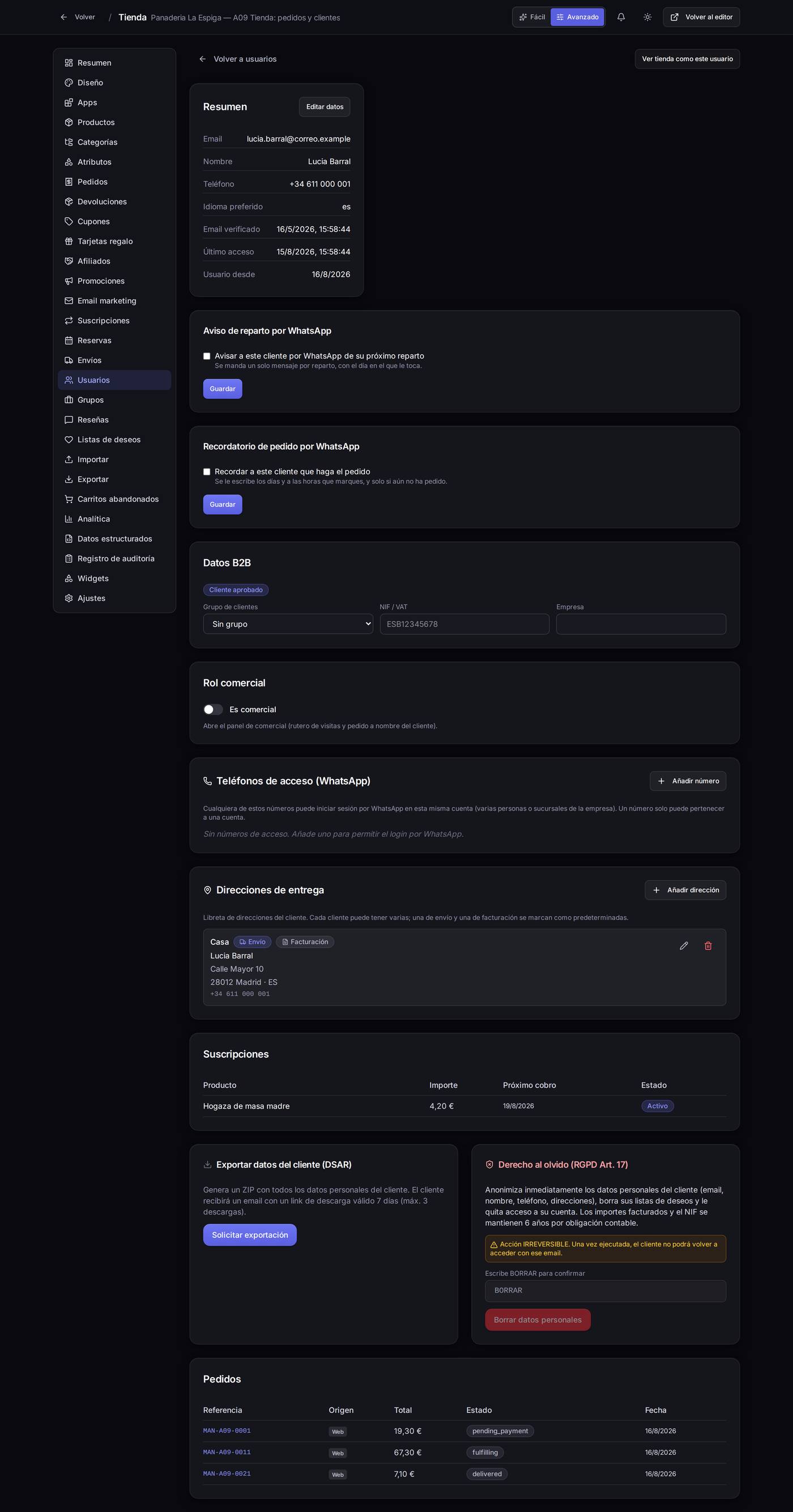 La ficha completa de un cliente: datos, avisos por WhatsApp, datos de empresa, direcciones, suscripciones y su historial de pedidos.
