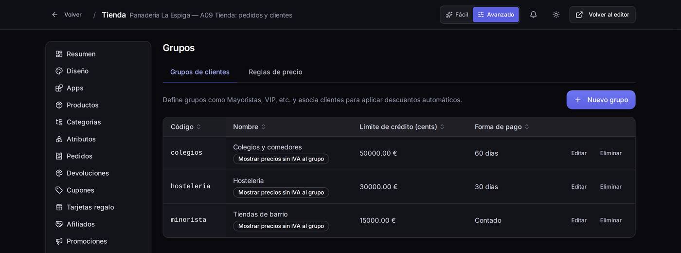 Pestaña «Grupos de clientes»: cada grupo con su código, su límite de crédito y su forma de pago.