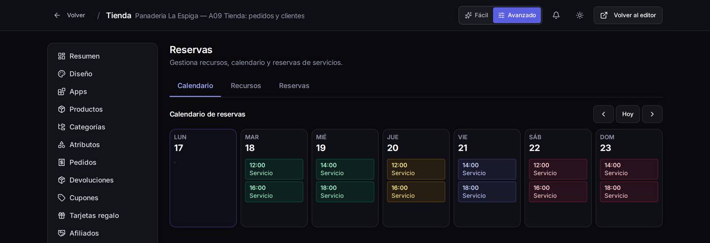 Pestaña «Calendario»: la semana con sus citas, con los botones de semana anterior, hoy y semana siguiente.