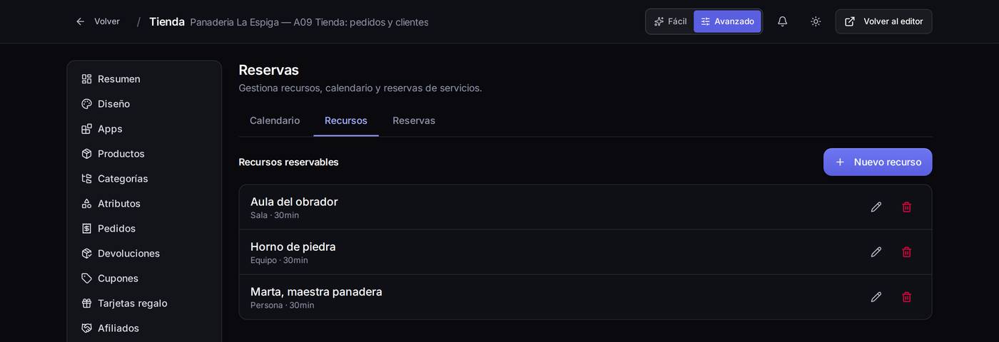 Pestaña «Recursos»: lo que se puede reservar (una sala, una persona, un horno) con su horario.