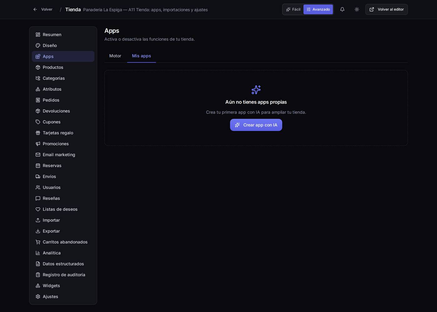 La pestaña «Mis apps» de una tienda que todavía no ha creado ninguna: el botón azul lleva directo al asistente de creación con IA.
