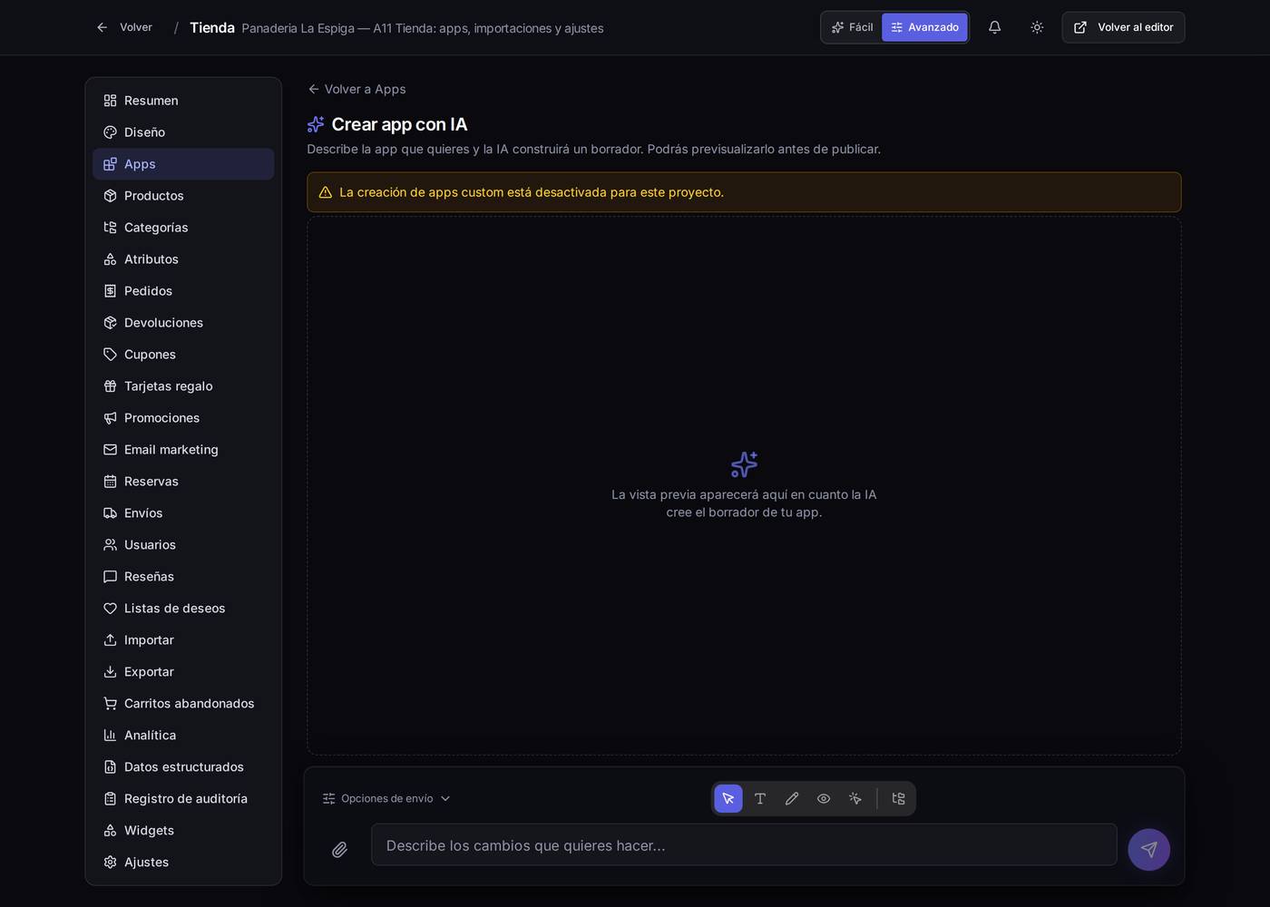 La pantalla de creación de apps con IA. Arriba, el aviso de que en esta instalación la creación de apps a medida está apagada; en el centro, el hueco donde aparecerá la vista previa; abajo, el chat donde describes la app.