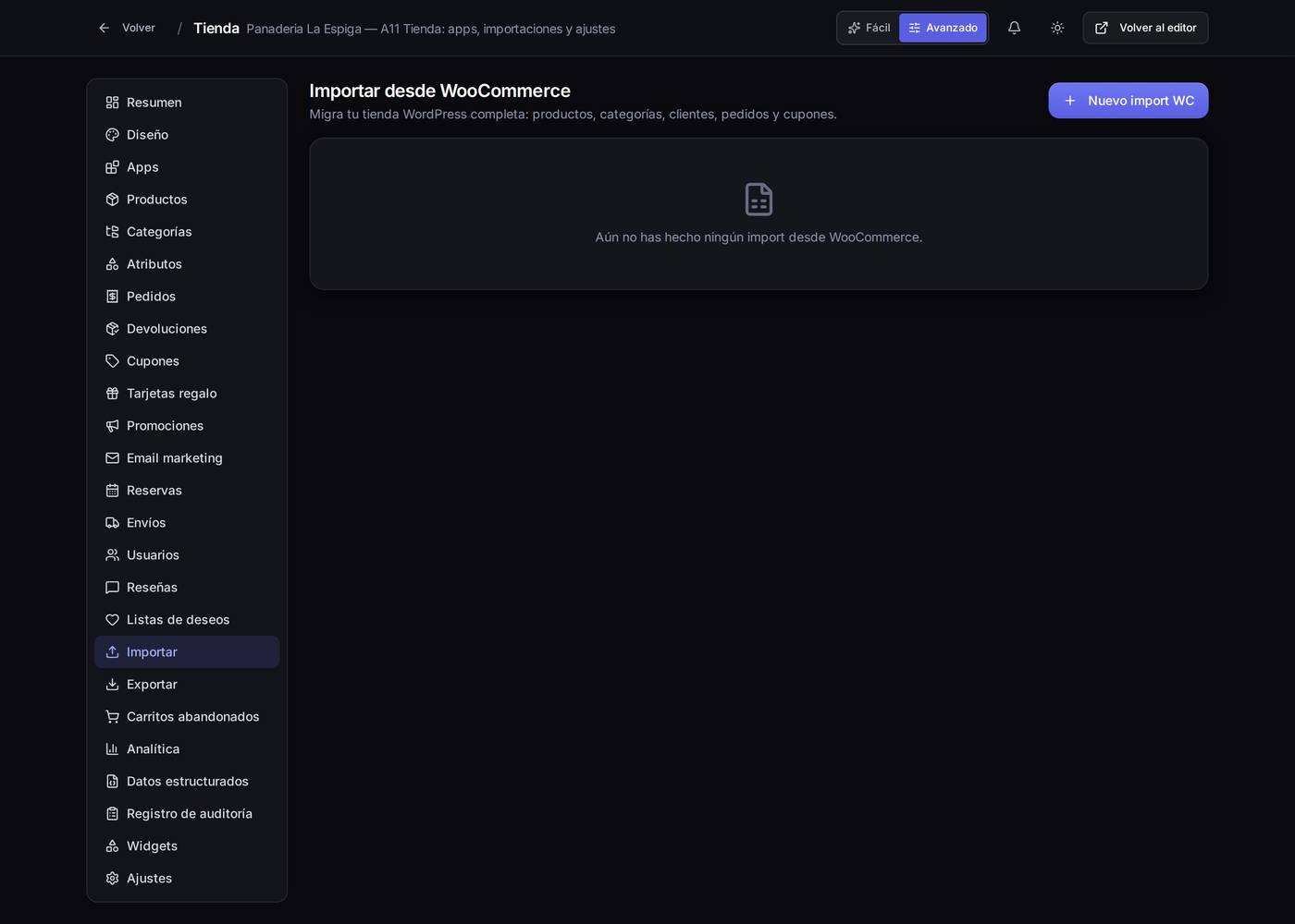 La importación desde WooCommerce: la dirección de tu tienda actual y las claves de acceso que te da WooCommerce.